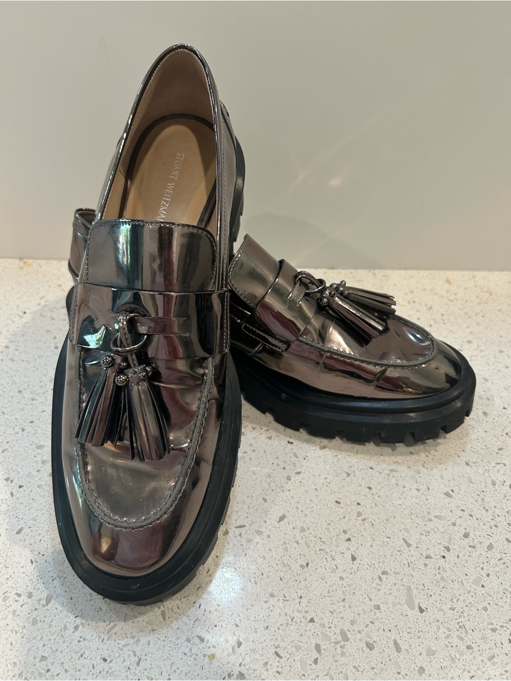 Stuart Weitzman Ultra Lug Tassel Loafer Metallic Pewter Women’s 9B